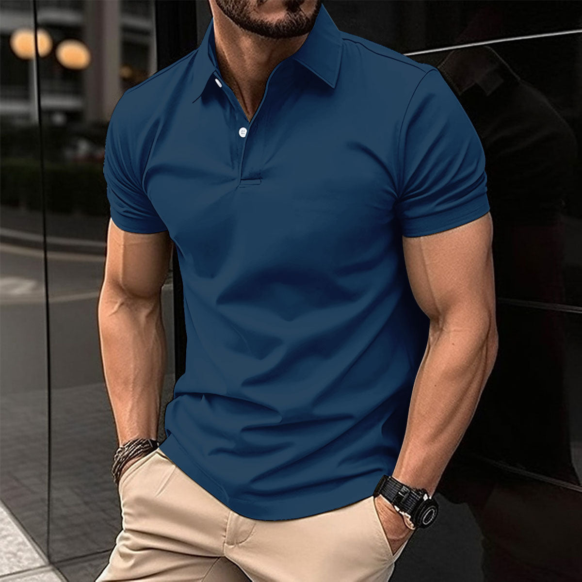 Summer Short Sleeve Solid Color Button Lapel Polo Shirt