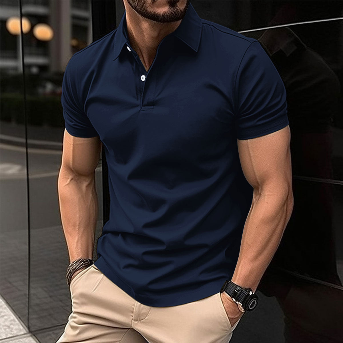 Summer Short Sleeve Solid Color Button Lapel Polo Shirt