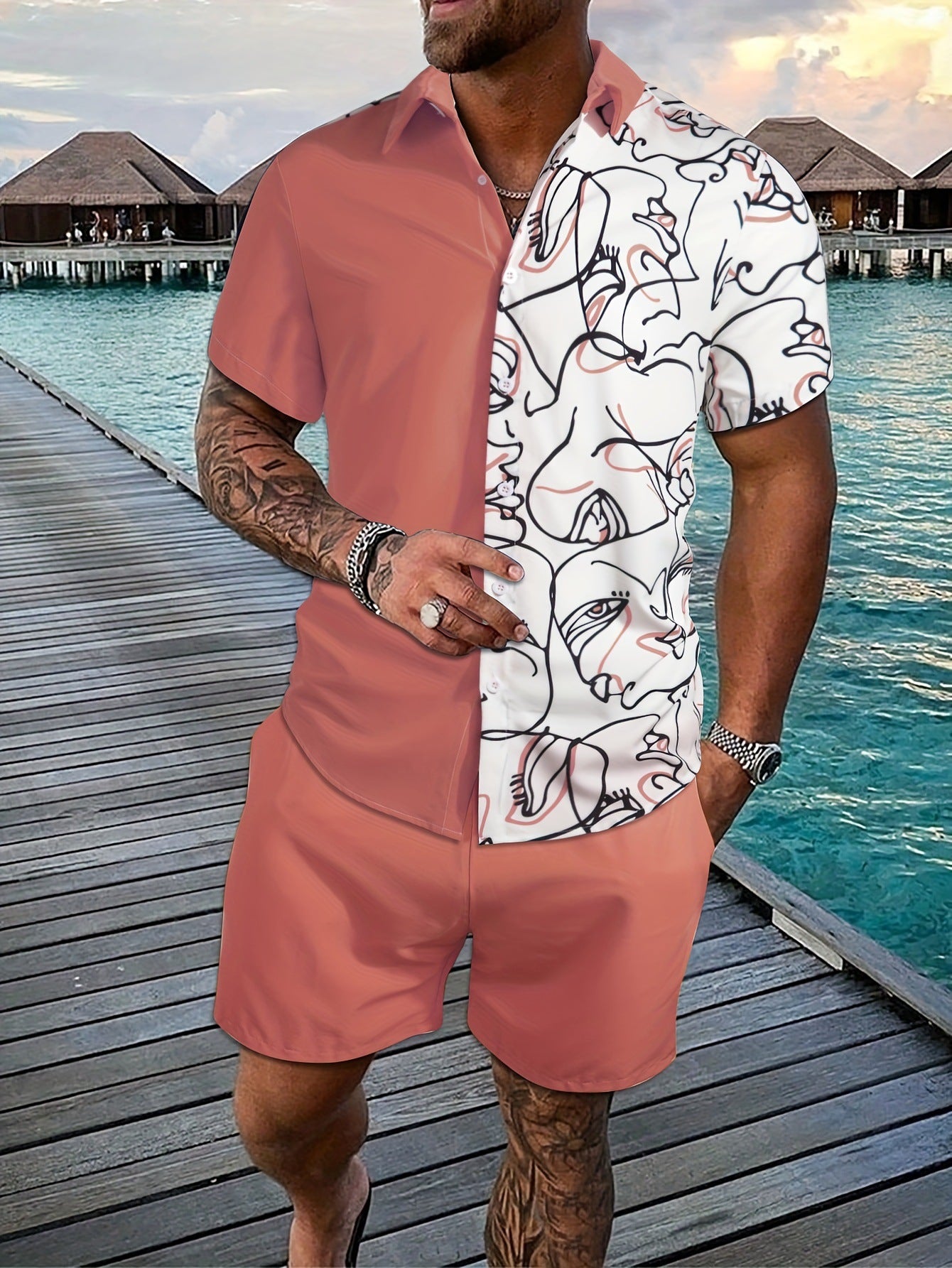 Printed Flanging Vacation Short Sleeve Outfit