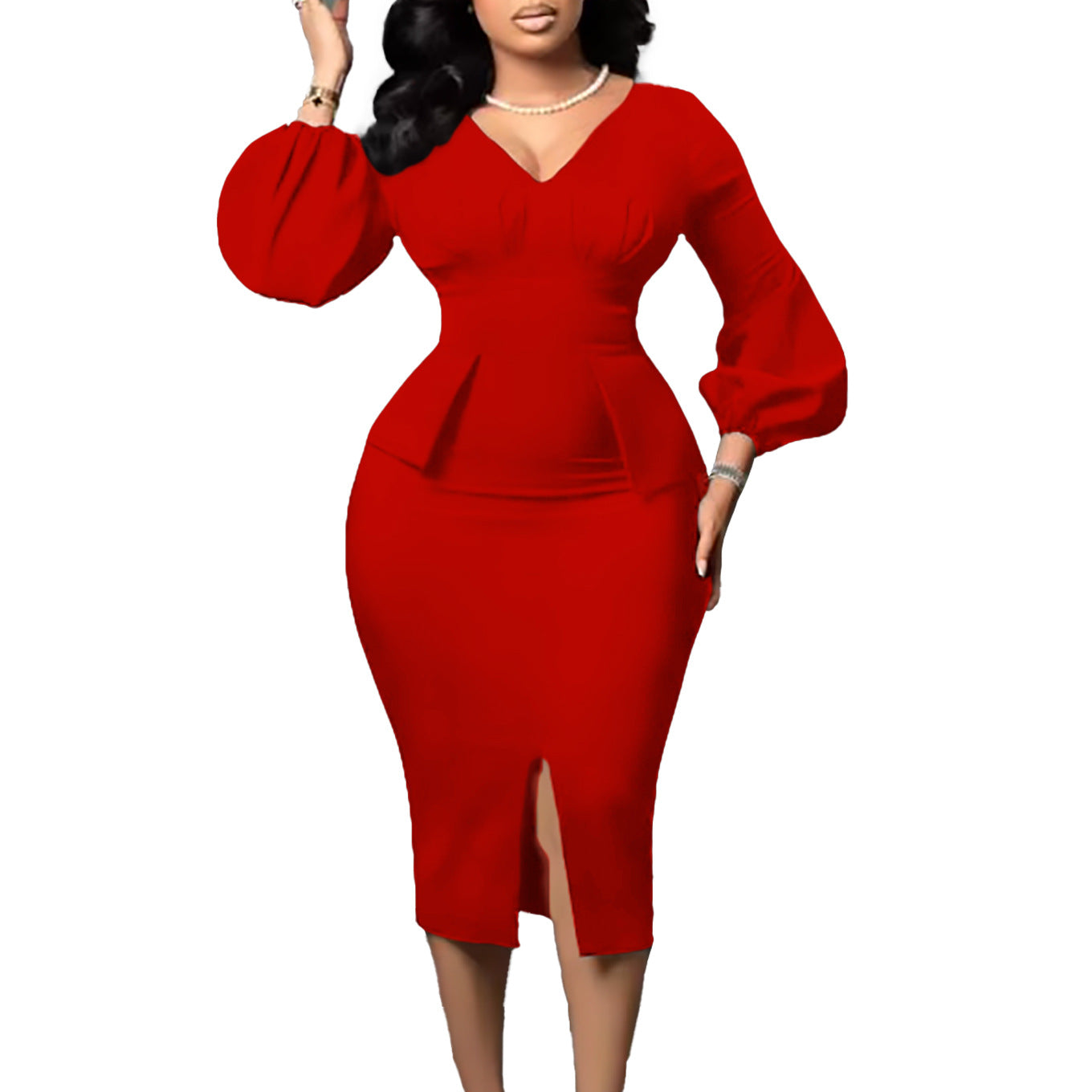 Women's V-neck Puff Sleeve Split Dress