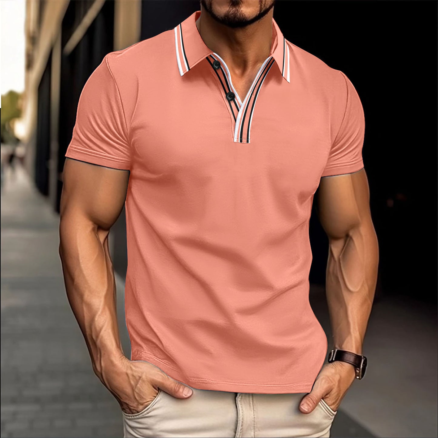 Striped Casual Polo Collar ButtonPolo Shirt Short Sleeve