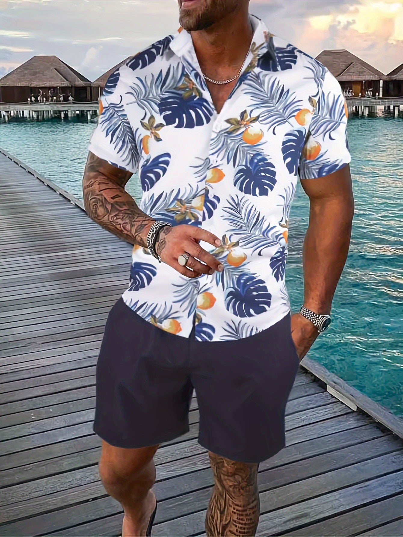 Printed Flanging Vacation Short Sleeve Outfit