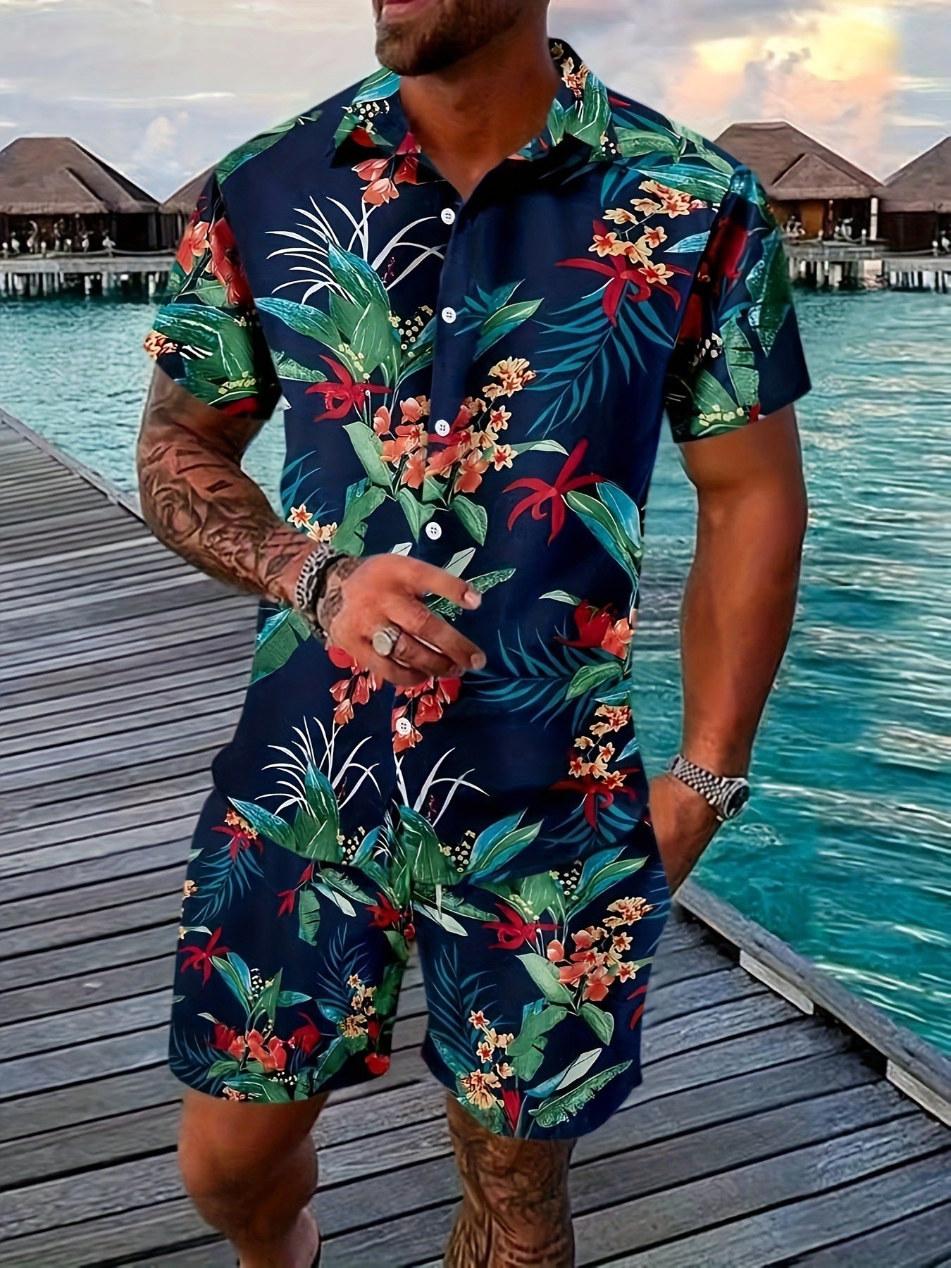 Printed Flanging Vacation Short Sleeve Outfit