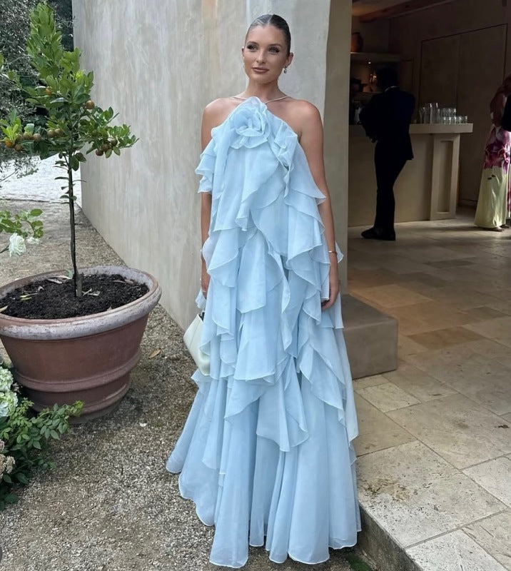 Elegant holiday style halterneck 3D floral suspender dress