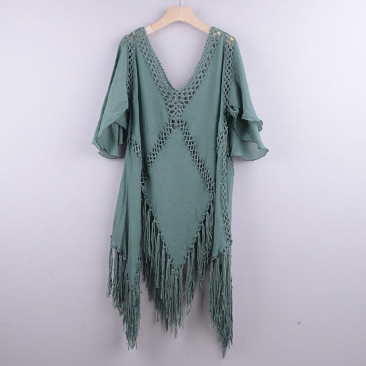 Women's Embroidered Cotton Fringe Slit Cover-up Dress