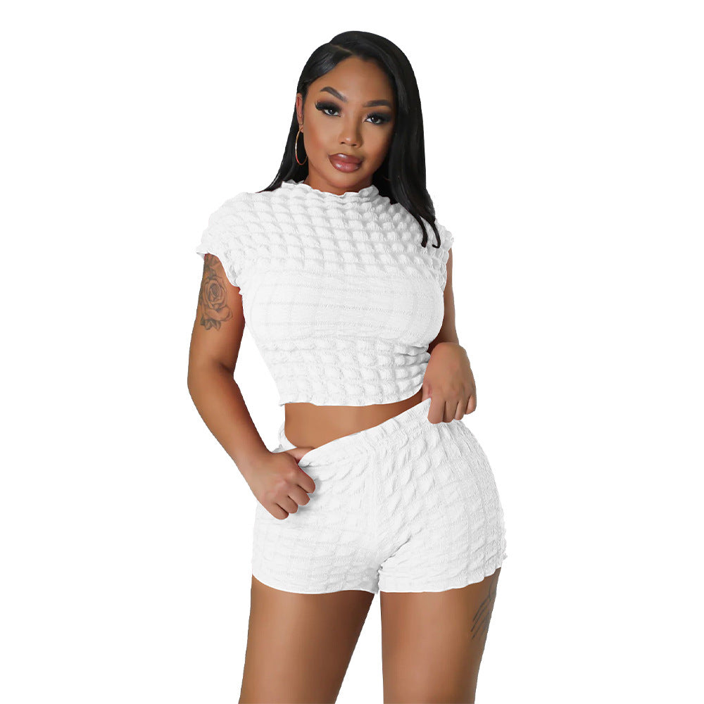 Sleeveless Midriff-baring Popcorn Two-piece Set