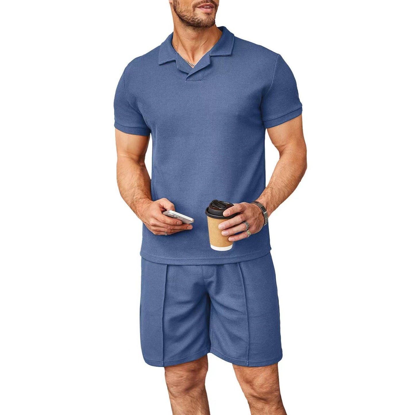 2pcs Suit - Men V Neck Polo Short Sleeve Shirt and Shorts