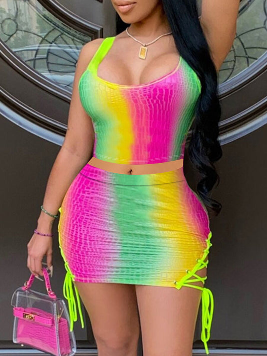 Rainbow Style Strip Vest Cornice Two-piece Set