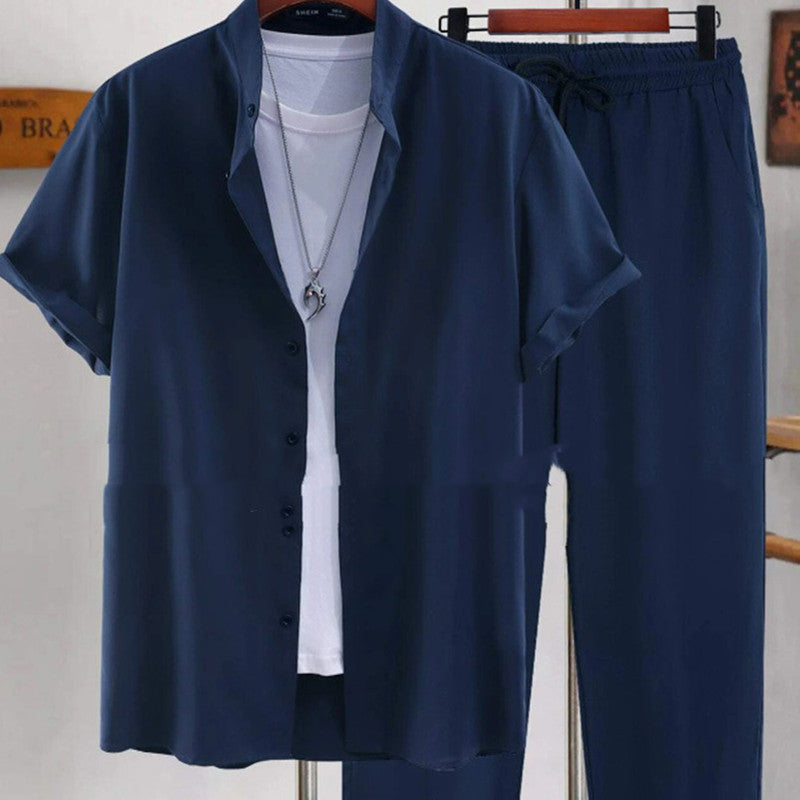 Men's Short Sleeve Cardigan Stand Collar Shirt Pants Suit