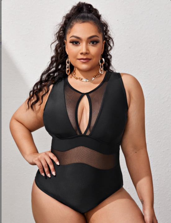 Plus Size Solid Color Stitching One-piece Bikini Swimsuit