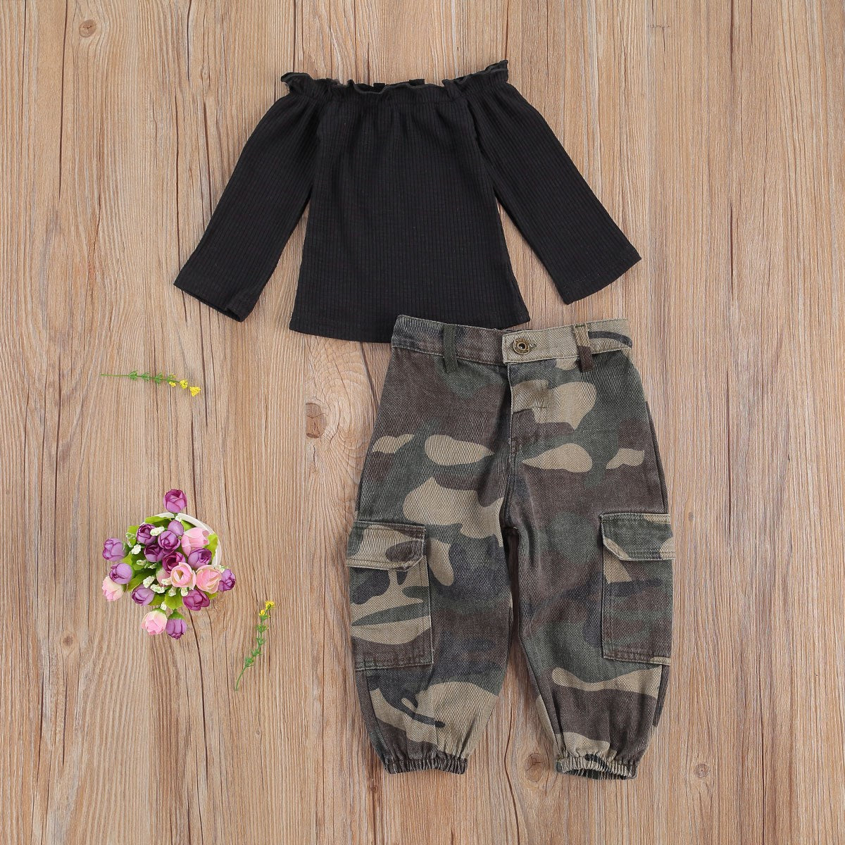 Two Piece Army Camouflage Pants and Off the Shoulder Top