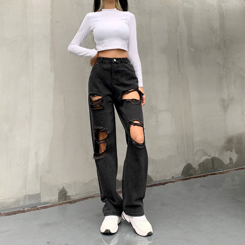 Casual Trendy Jeans With Ripped Raw Edges