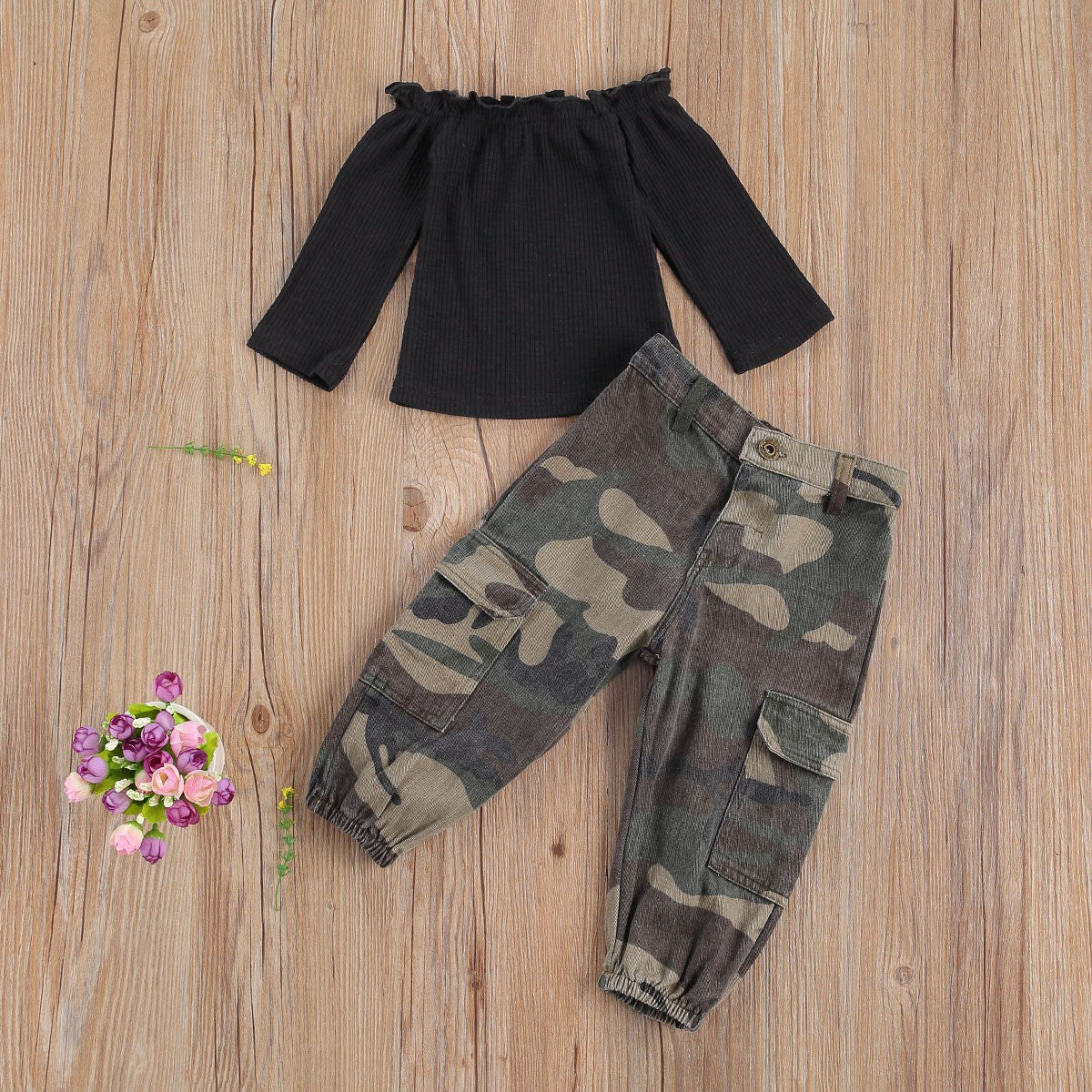 Two Piece Army Camouflage Pants and Off the Shoulder Top