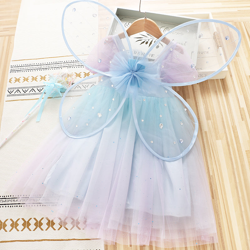 Girls Princess Western Style Rainbow Butterfly Wings Dress