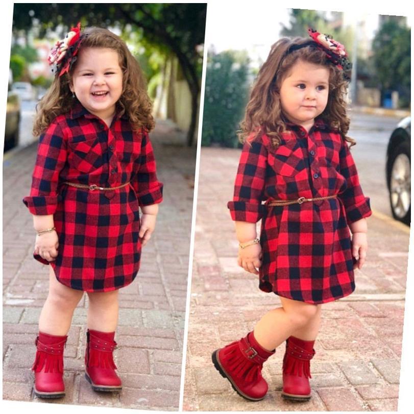 Fashion Long Red Plaid Dress With Belt