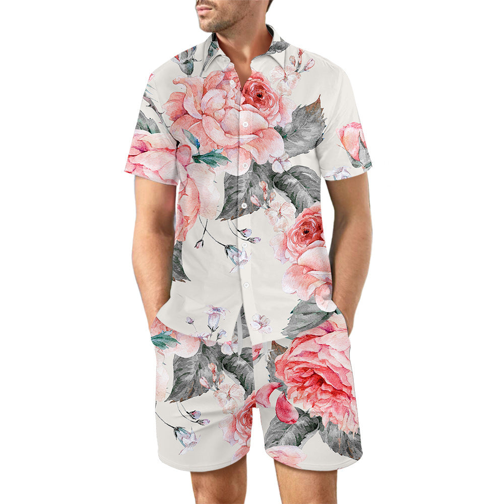 2Pcs Loose Lapel Printed Beach Summer Suit