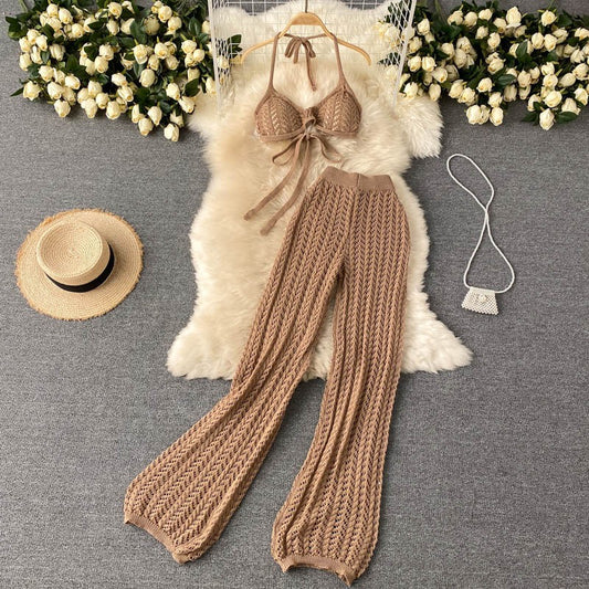 Two Piece Lace Up Top Knitted Wide Leg Pants Set