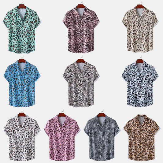 Beach Cuban Collar Silk Leopard Print Short Sleeve Shirt