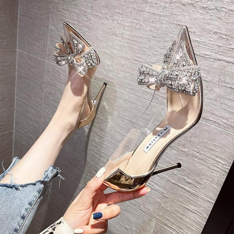 Thin Heel Pointed Toe Diamond Bow High Heel