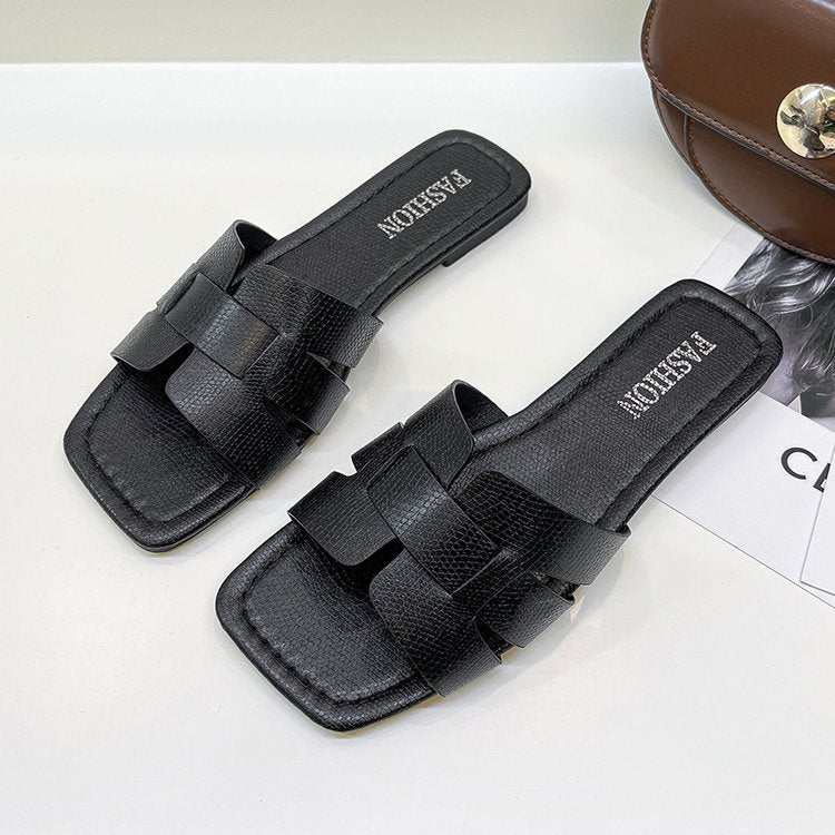 Fashion Leather Outer Wear Square Head Sandals