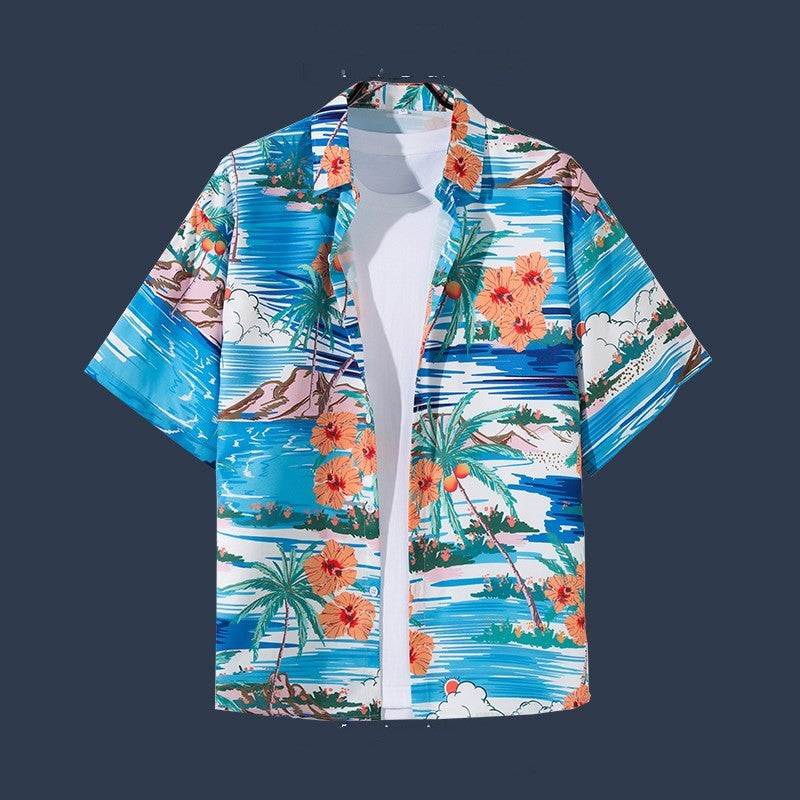 Hawaiian Beach Flower Shirt Short Sleeve Men's Loose Casual Shirt Coat