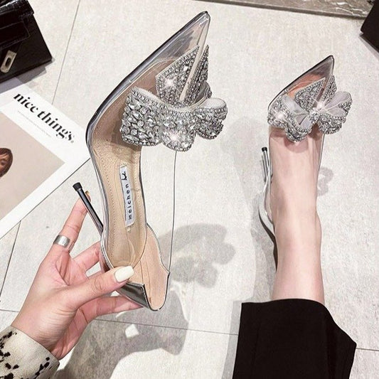 Thin Heel Pointed Toe Diamond Bow High Heel