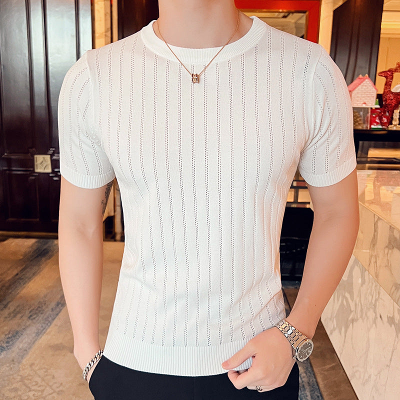 Men's Short Sleeve Hollow-out Half-sleeved Ice Silk Crew Neck T-shirt