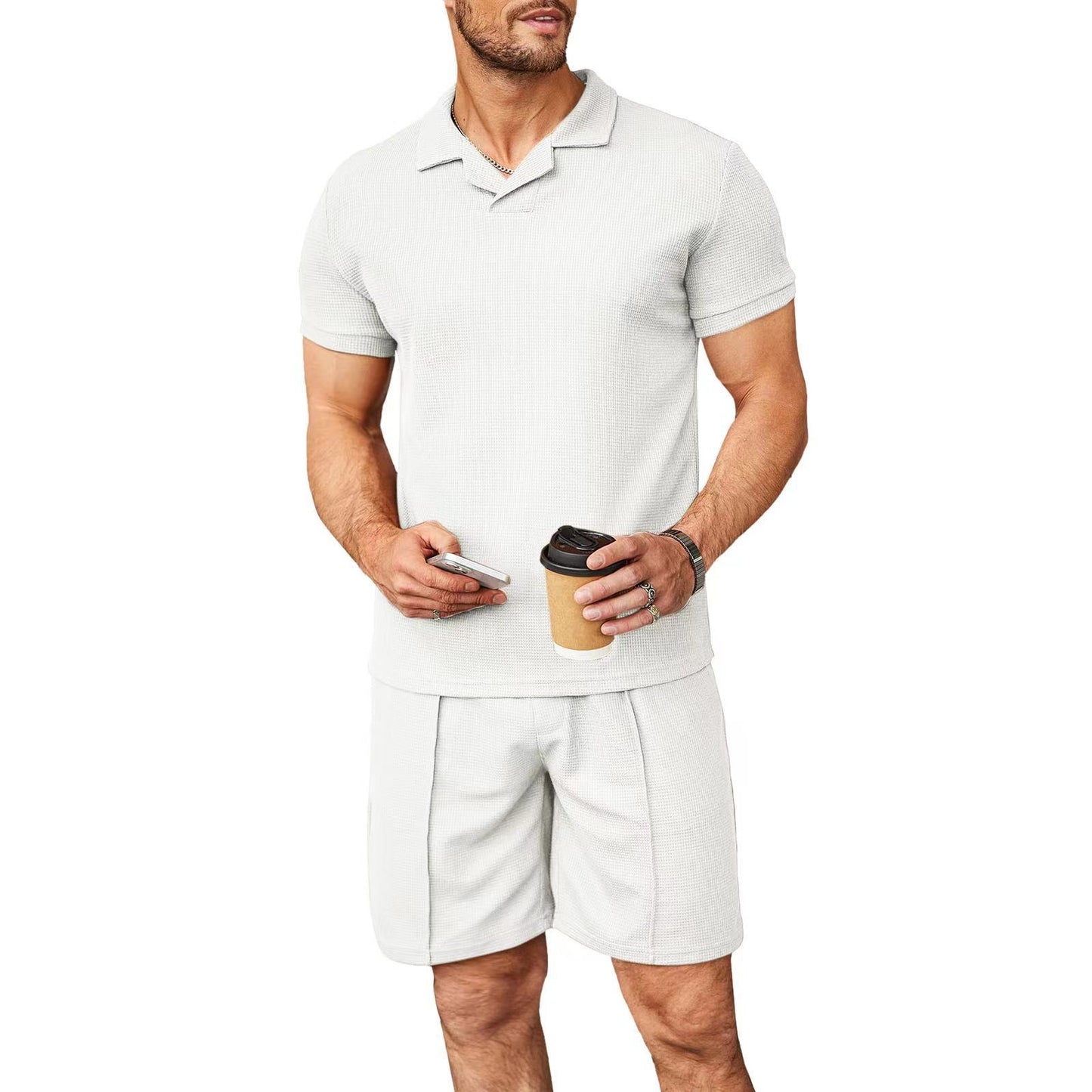 2pcs Suit - Men V Neck Polo Short Sleeve Shirt and Shorts