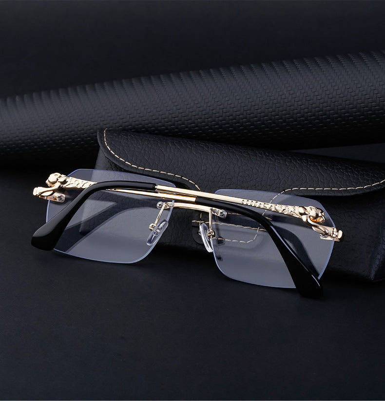 Frameless Trimming Leopard Temple Men Retro Square Frame Driving Sunglasses