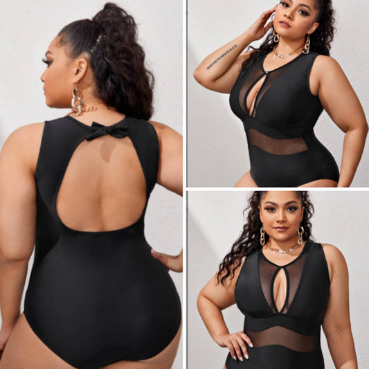 Plus Size Solid Color Stitching One-piece Bikini Swimsuit