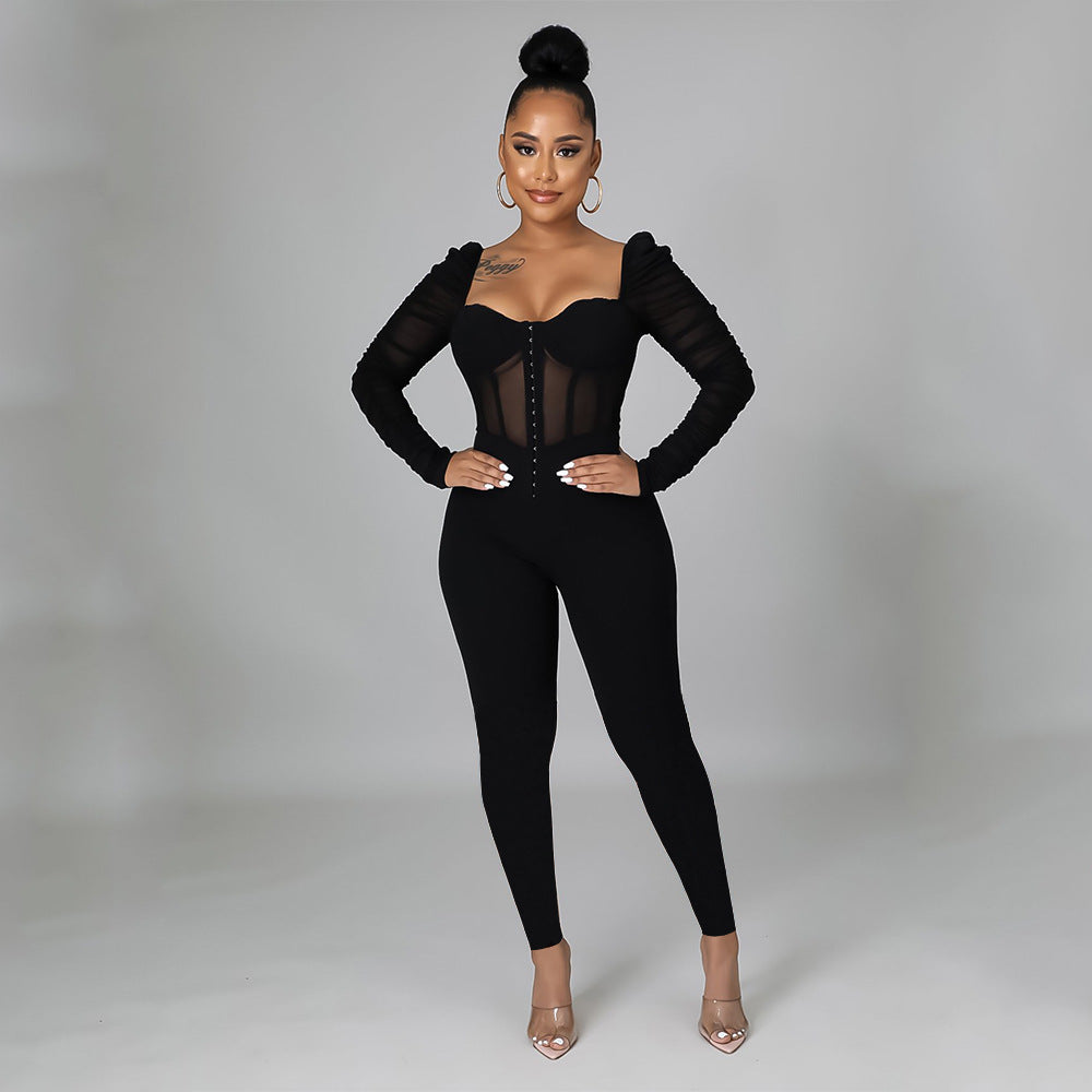 Autumn Sexy Tight Mesh Jumpsuit