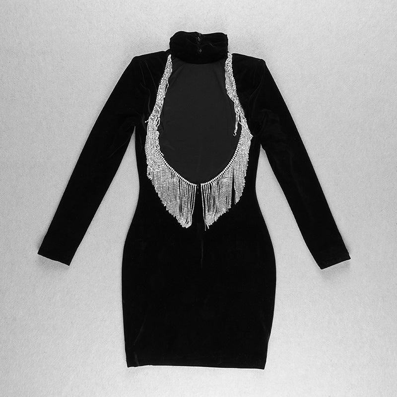 Long Sleeved Backless Tassel Velvet Mini Dress