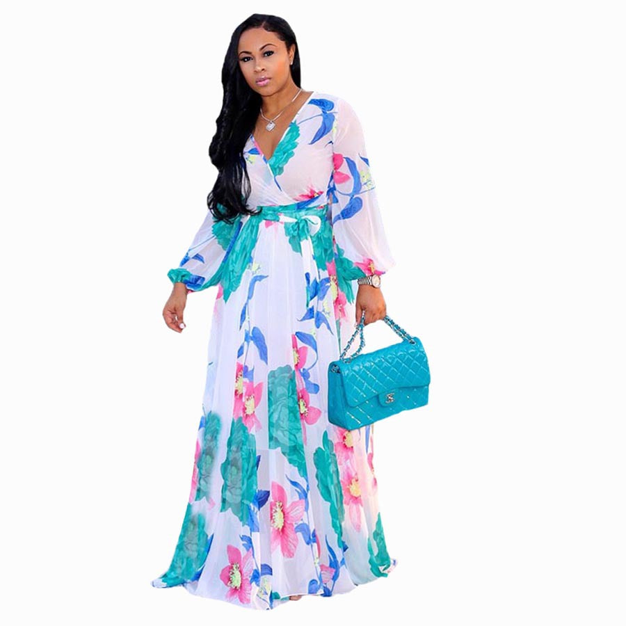 Chiffon Long-Sleeved Digital Print Big Skirt Dress