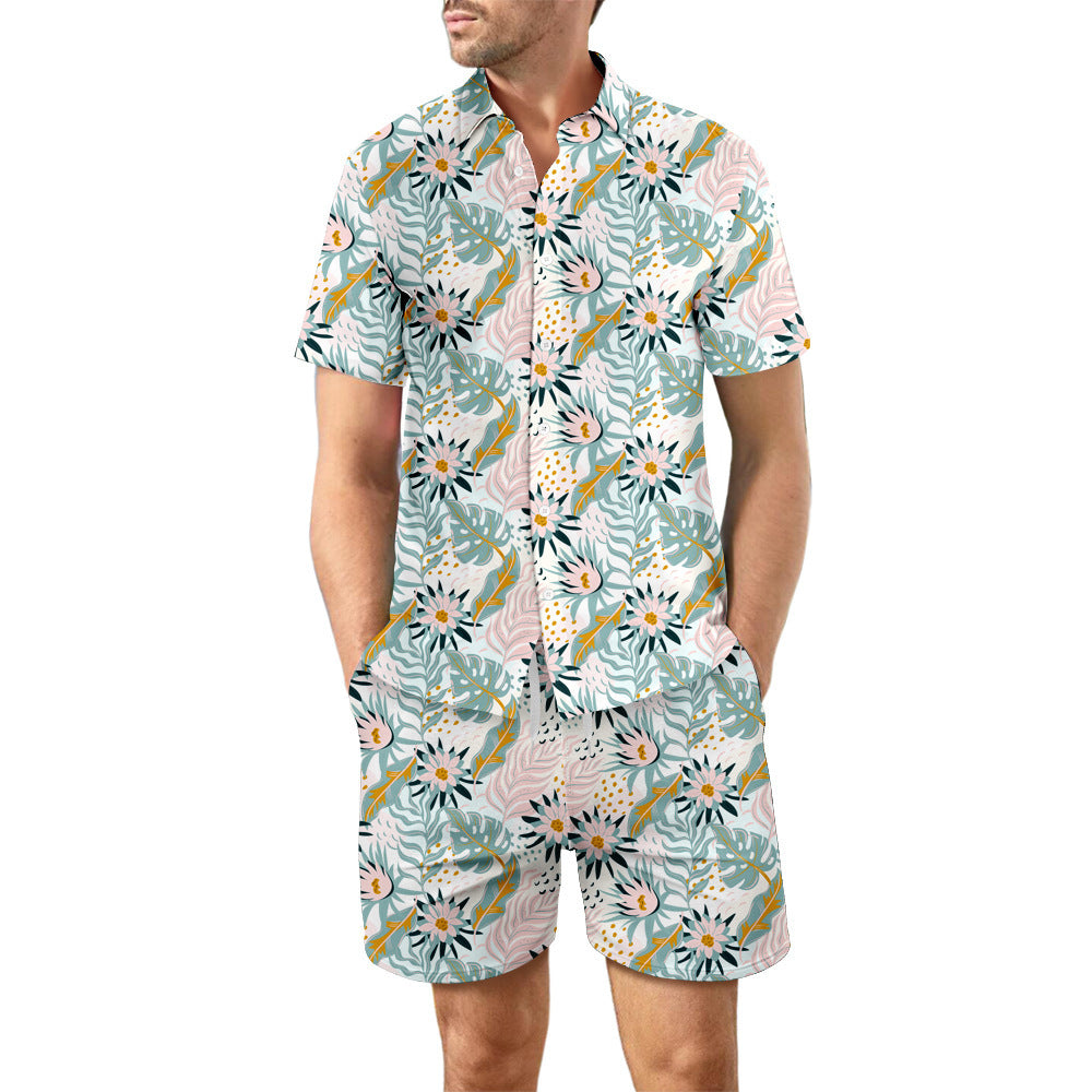 2Pcs Loose Lapel Printed Beach Summer Suit