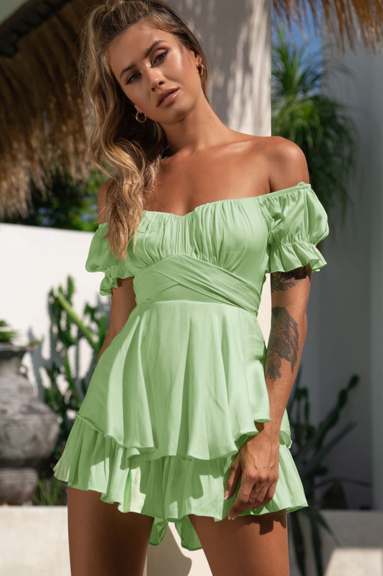 Jumpsuit Solid Color Off-neck Ruffle Sleeve