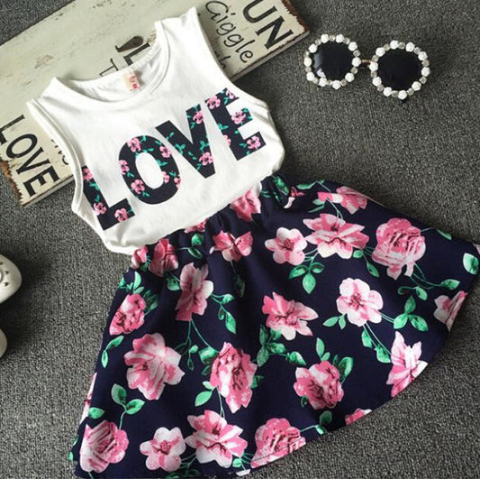 Girls Flower Sleeveless Vest Floral Skirt 2-Piece Set