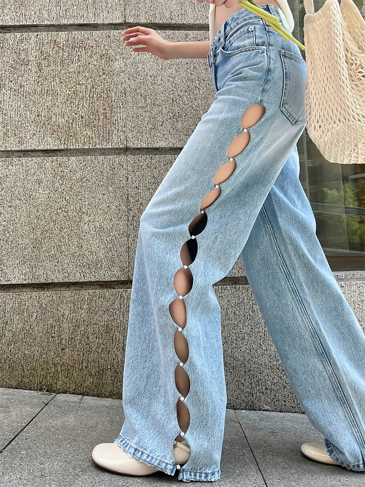 Blue Pearl Hollow Wide-leg Jeans