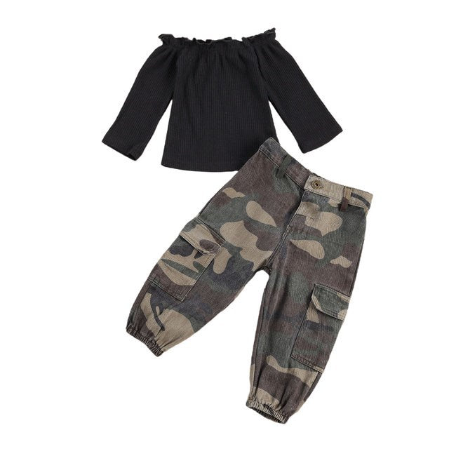 Two Piece Army Camouflage Pants and Off the Shoulder Top