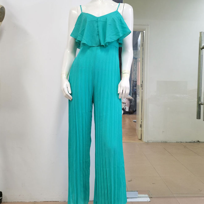 Suspender Pleated Wide Leg Ruffled Jumpsuit