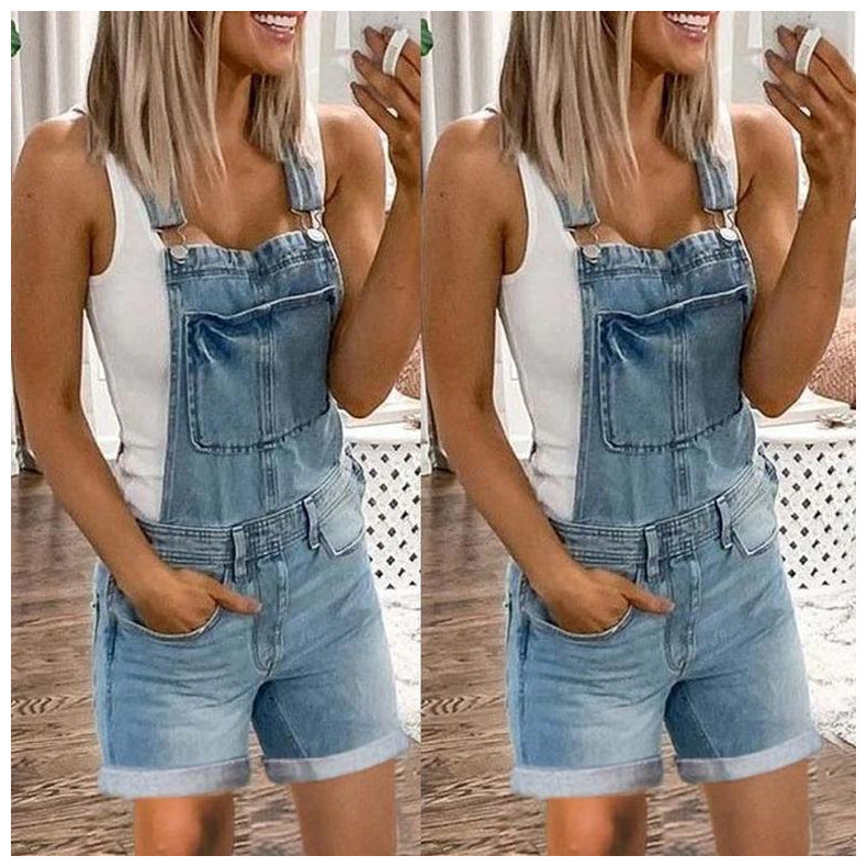 Washed Denim Overalls Shorts