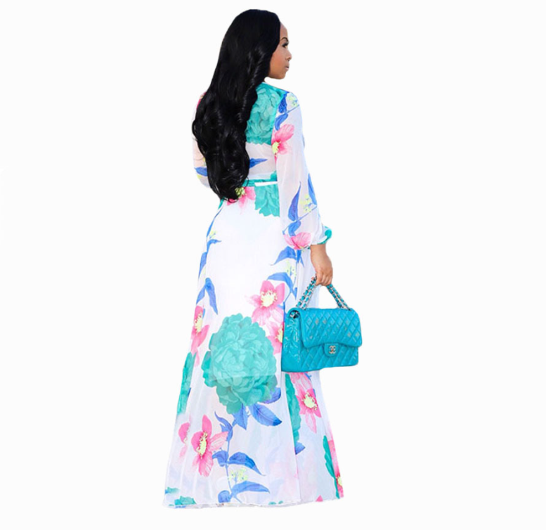 Chiffon Long-Sleeved Digital Print Big Skirt Dress