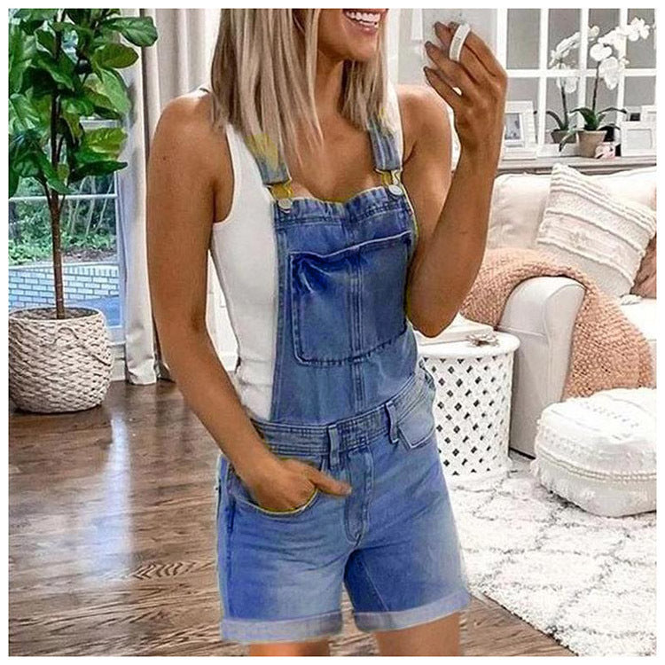 Washed Denim Overalls Shorts