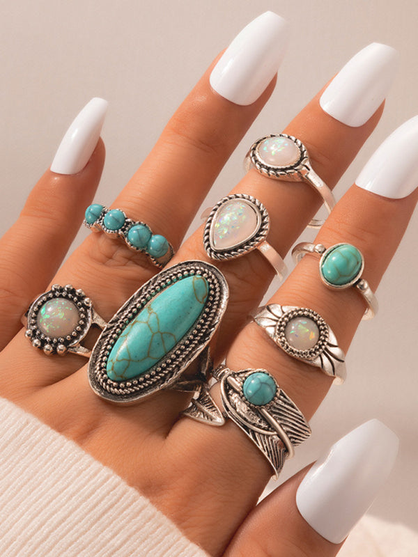 Ethnic style retro inlaid turquoise carved feather ring fashion 8-piece combination ring set