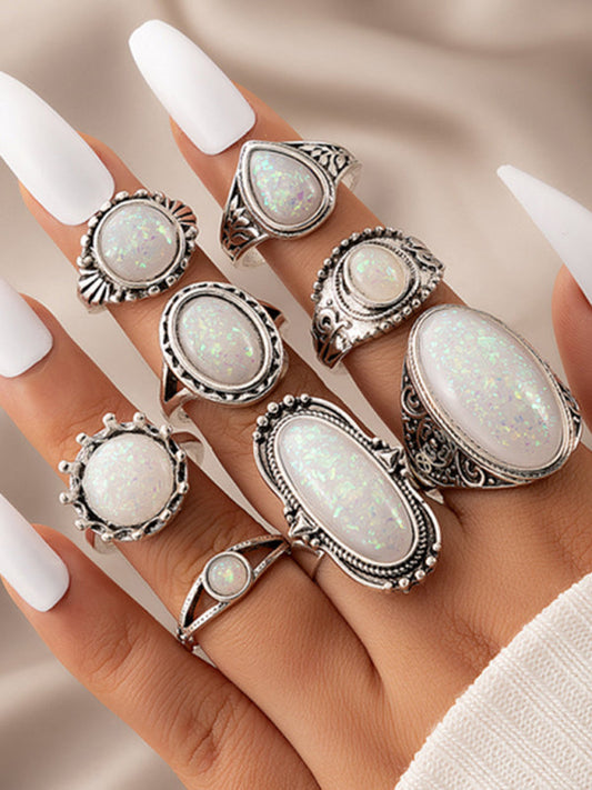 Ethnic style retro inlaid turquoise carved feather ring fashion 8-piece combination ring set