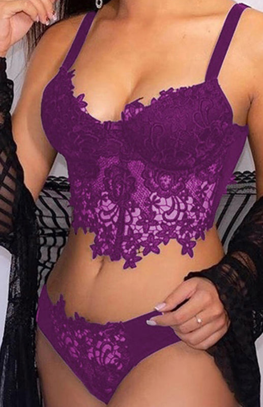 Spaghetti Straps Crochet Lace Hollow Out Bra Thong Lingerie Set