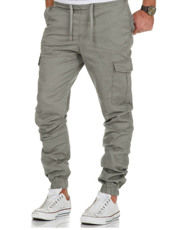 Men's Solid Color Cargo Pocket Drawstring Casual Trousers