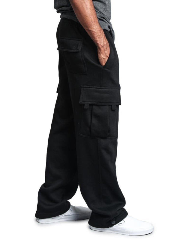 Solid color elastic waist multi-pocket loose fit cargo pants