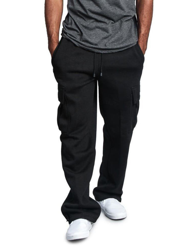 Solid color elastic waist multi-pocket loose fit cargo pants