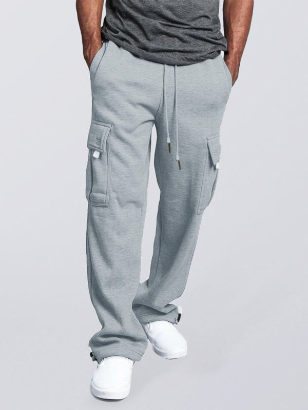 Solid color elastic waist multi-pocket loose fit cargo pants