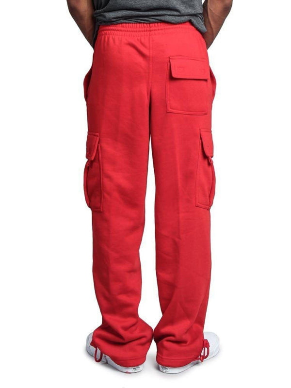 Solid color elastic waist multi-pocket loose fit cargo pants